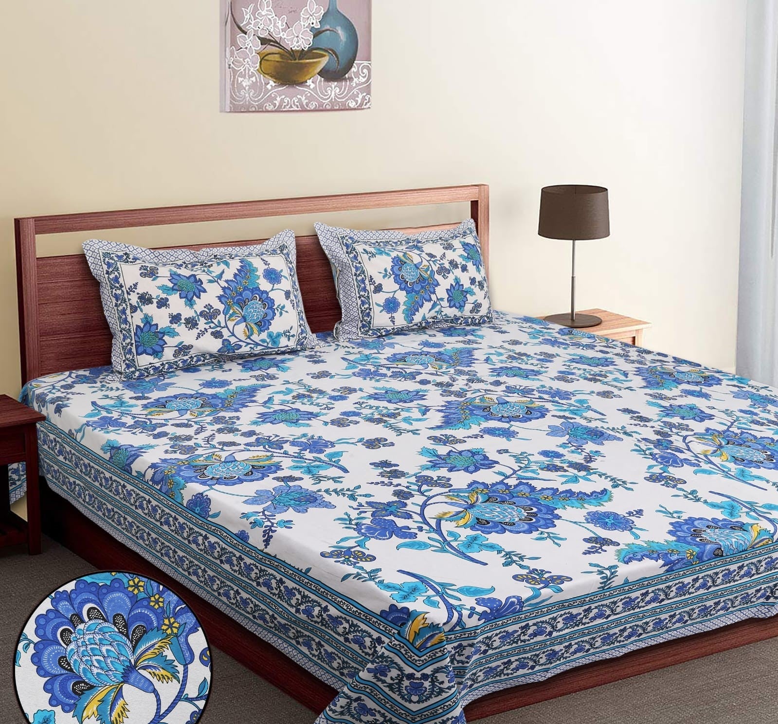 100% Cotton King Bedsheet with Set of 2 Pillow Covers-Floral Blue