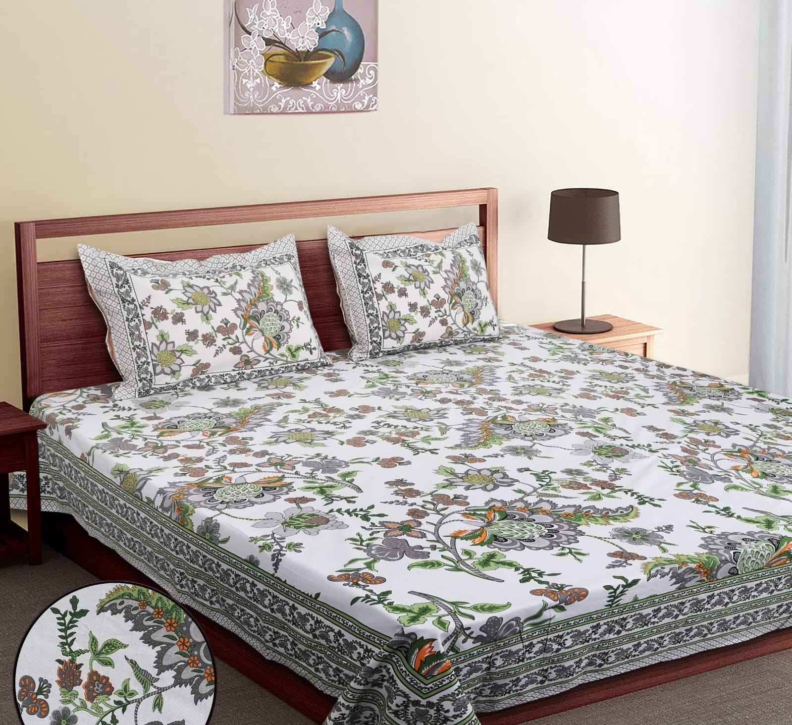 100% Cotton King Bedsheet with Set of 2 Pillow Covers-Floral Green