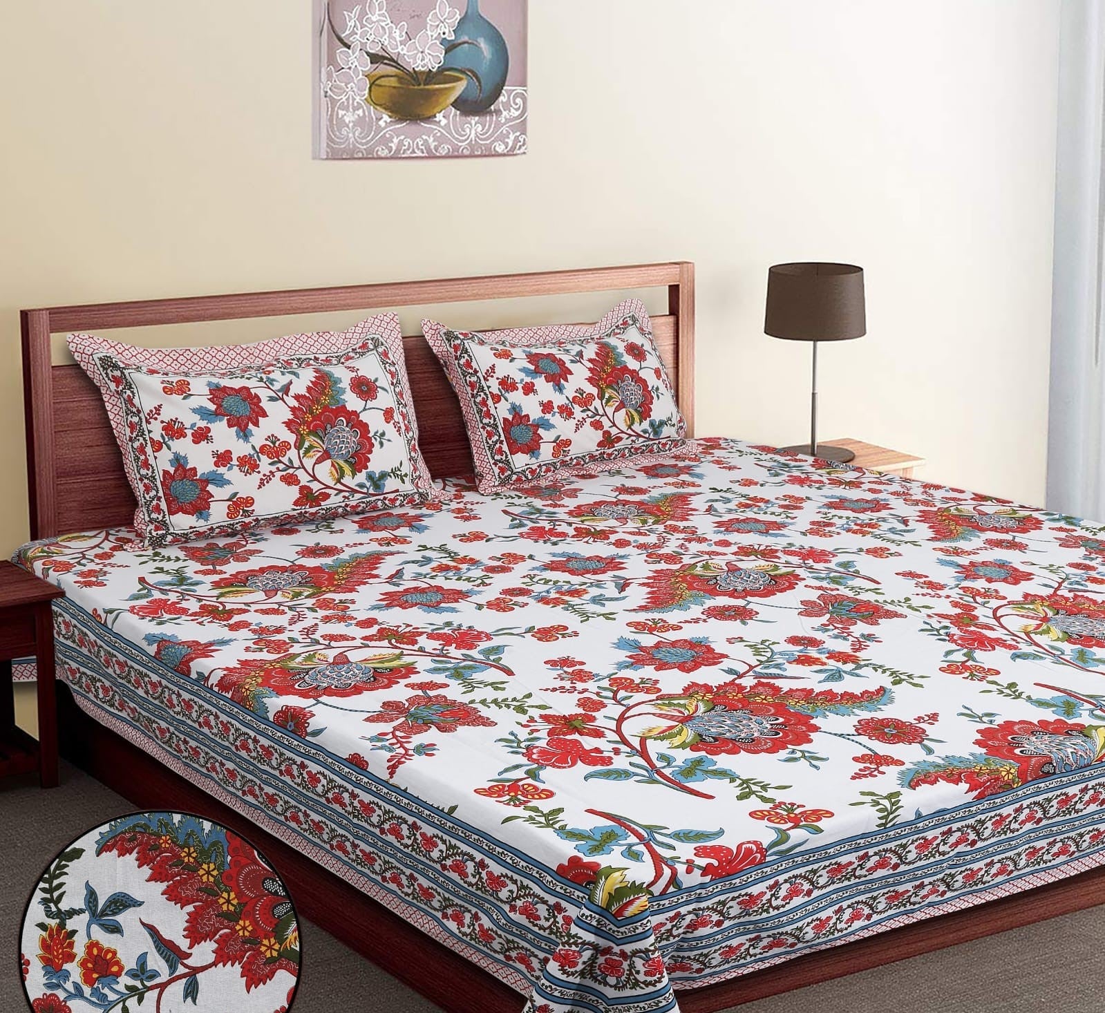 100% Cotton King Bedsheet with Set of 2 Pillow Covers-Floral Red